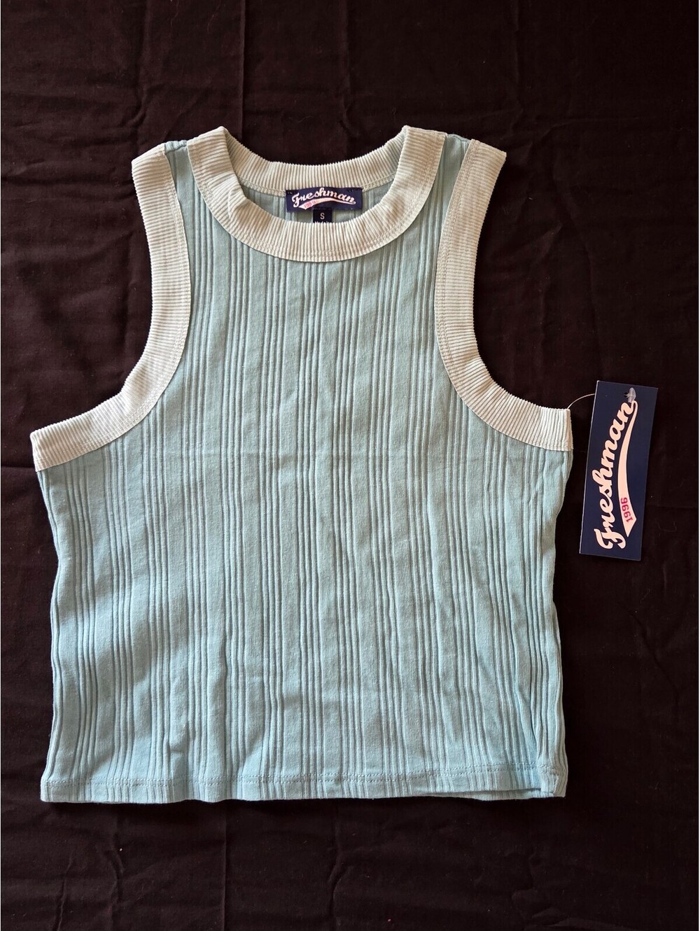 Freshman 1996 Ribbed Knit Sleeveless Crop Top in Light Blue and Cream Size S